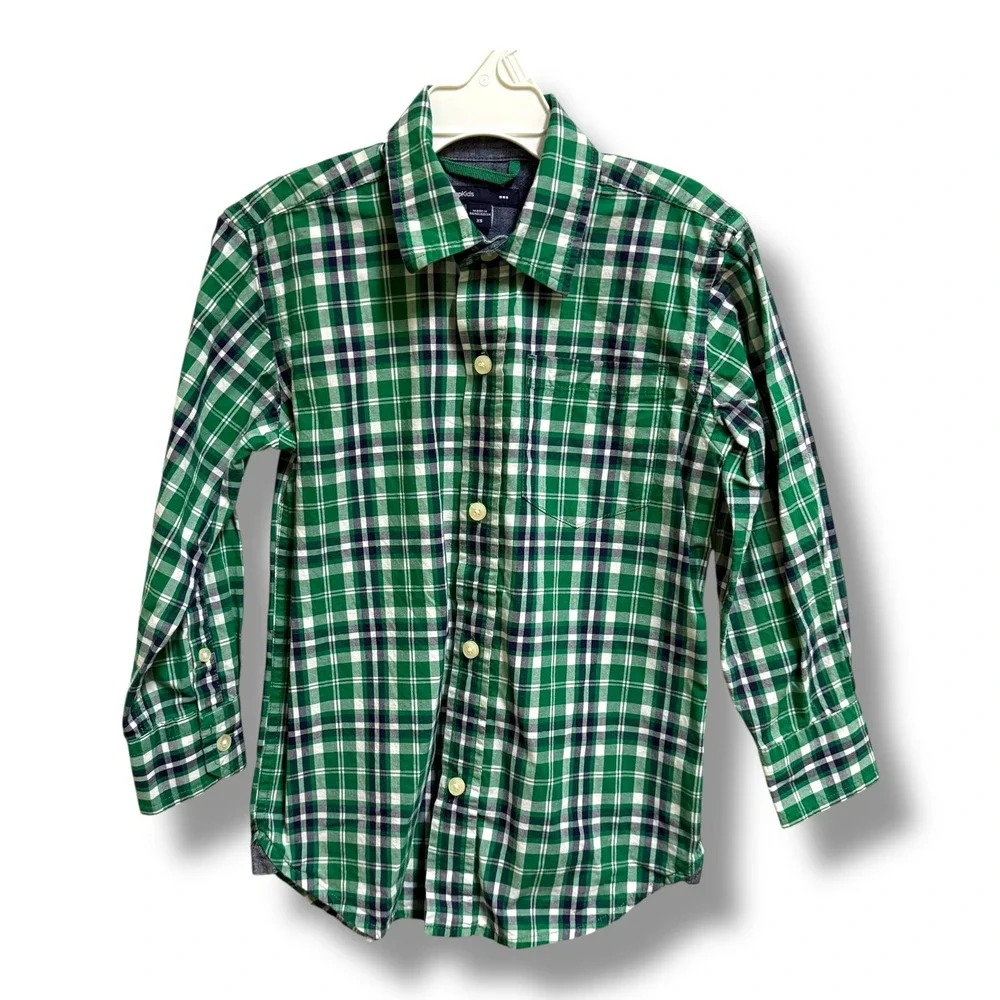 GapKids Boys XS Green Navy White Plaid Long‎ Sleeve Button Down Cotton Shirt
